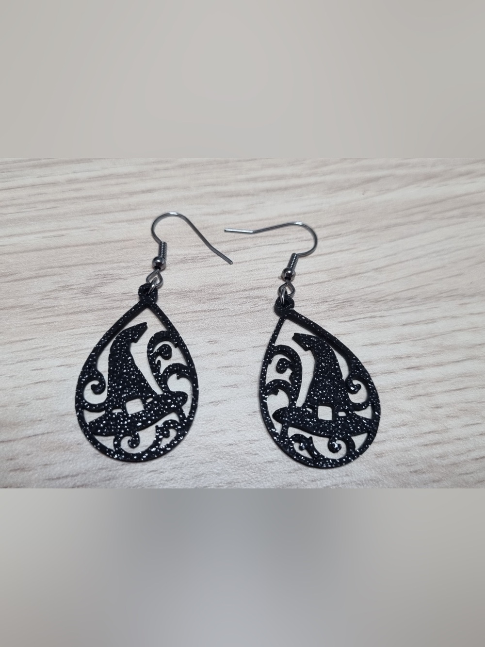 Black Glitter Witch Hat Teardrop Earrings